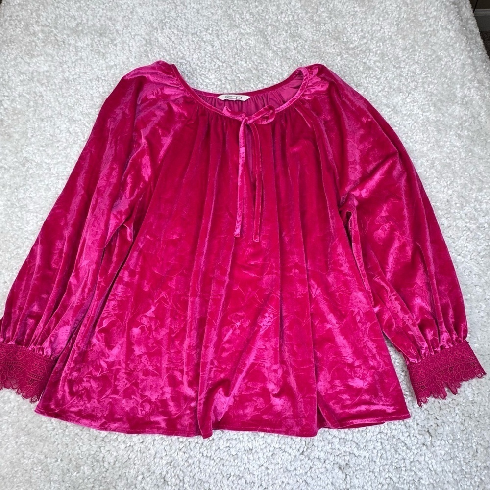 NWT pioneer woman stamped velvet peasant top. Red pink. Lace cuff XXXL